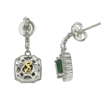 Suzy Levian Sterling Silver Green And White Cubic Zirconia Asscher Cut Drop Earrings