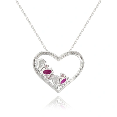 Suzy Levian Sterling Silver Ruby & White Cubic Zirconia Heart Pendant Necklace In Pink