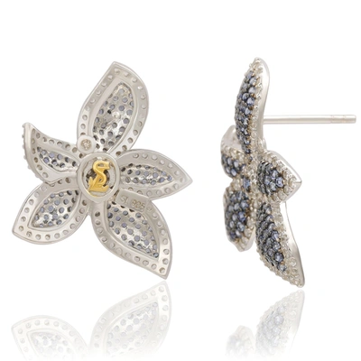 Suzy Levian Floral Sterling Silver White Sapphire Blue Sapphire Brown Diamond Stud Earrings In Blue