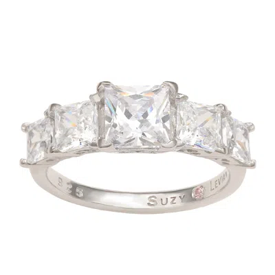 Suzy Levian Sterling Silver Graduating Asscher Cut White Cubic Zirconia Ring