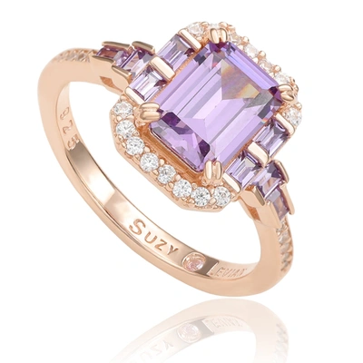 Suzy Levian Sterling Silver Emerald Cut White Cubic Zirconia Engagement Ring In Purple