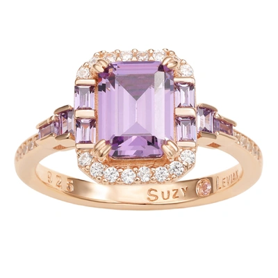Suzy Levian Sterling Silver Emerald Cut White Cubic Zirconia Engagement Ring In Purple