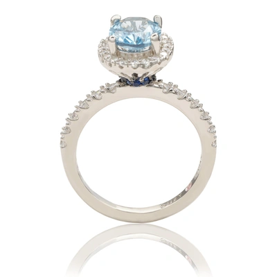 Suzy Levian Sterling Silver Oval Aqua Cubic Zirconia Halo Ring In Blue