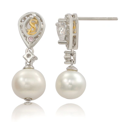 Suzy Levian Sterling Silver Pearl & Pear Shape White Sapphire Earrings In White