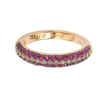 Suzy Levian Micro-pave Red Cubic Zirconia In Rose Sterling Silver Stackable Band