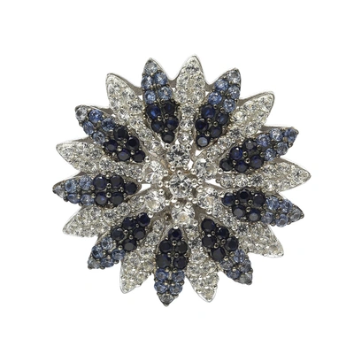 Shop Suzy Levian Sterling Silver Sapphire & Diamond Accent Flower Brooch In Blue