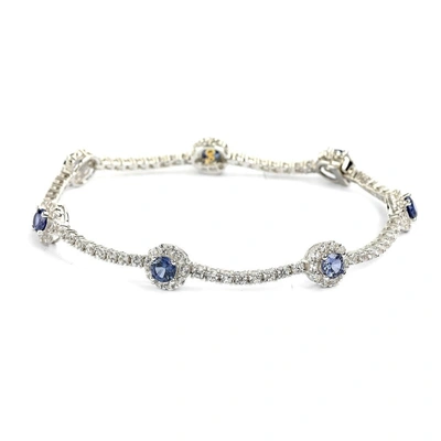 Shop Suzy Levian Sterling Silver Sapphire And Diamond Accent Flower Tennis Bracelet In Blue