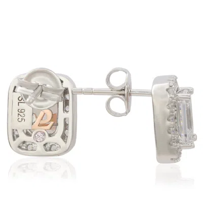 Suzy Levian Sterling Silver Cubic Zirconia Emerald Cut Halo Stud Earrings In White