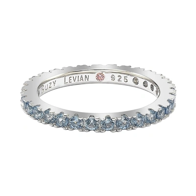 Suzy Levian Sterling Silver Thin Aqua Cubic Zirconia Eternity Band In Blue