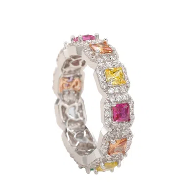 Suzy Levian Sterling Silver Rainbow Cubic Zirconia Princess Cut Eternity Band In Multi