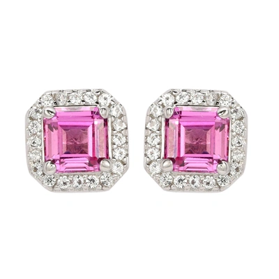 Shop Suzy Levian Sterling Silver Assher Cut Pink Sapphire Halo Stud Earrings