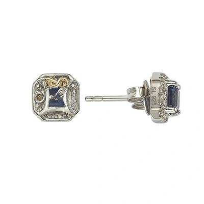 Suzy Levian Sterling Silver Assher Cut Sapphire Halo Stud Earrings In Blue