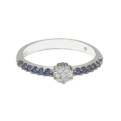 Suzy Levian Blue & White Cubic Zirconia Sterling Silver Petite Flower Band In Blue
