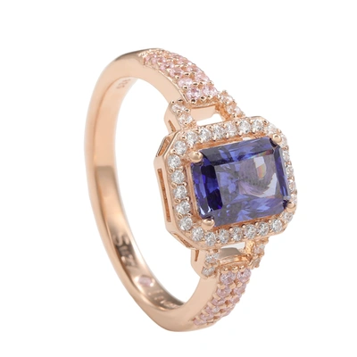 Suzy Levian Rose Sterling Silver Emerald-cut Blue Tanzanite Pink Cubic Zirconia Halo Ring