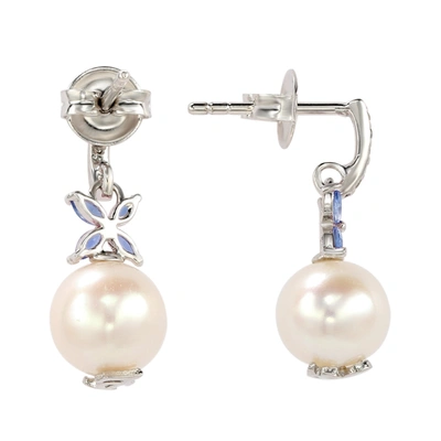 Suzy Levian Sterling Silver Pearl & Blue Sapphire Floral Earrings In Blue