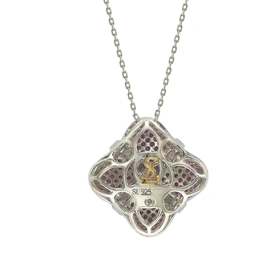 Suzy Levian Sterling Silver Pink Sapphire & Diamond Wrapped Cushion Pendant In Pink