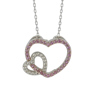 Shop Suzy Levian Sterling Silver Pink & White Sapphire And Diamond Accent Double Heart Pendant