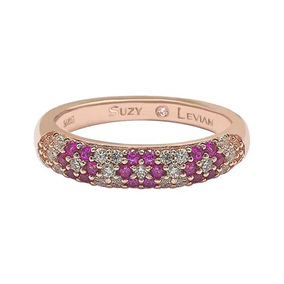 Suzy Levian Floral Ruby & White Cubic Zirconia In Rose Silver Half Band In Red