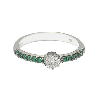 Suzy Levian Green & White Cubic Zirconia Sterling Silver Petite Flower Band In Green