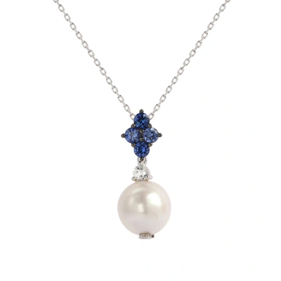 Suzy Levian Silver Sapphire Pearl Cluster Pendant Necklace In Blue