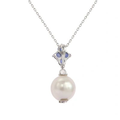Suzy Levian Silver Sapphire Pearl Cluster Pendant Necklace In Blue