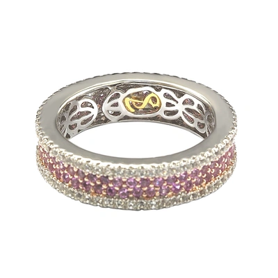 Suzy Levian Sterling Silver Pink Sapphire And Diamond Accent Pave Eternity Band In Pink