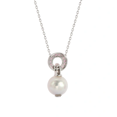 Suzy Levian Sterling Silver Pearl & Pink Sapphire Classic Circle Pendant In Pink