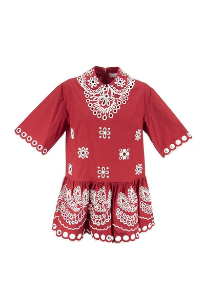 Shop Red Valentino Cotton Top With Sangallo Embroidery In Cherry/milk