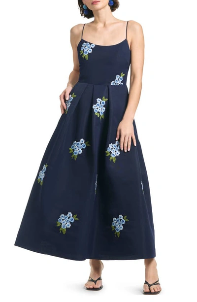 Shop Sachin & Babi Audra Floral Embroidery Cocktail Midi Dress In Midnight