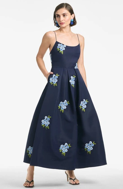 Shop Sachin & Babi Audra Floral Embroidery Cocktail Midi Dress In Midnight