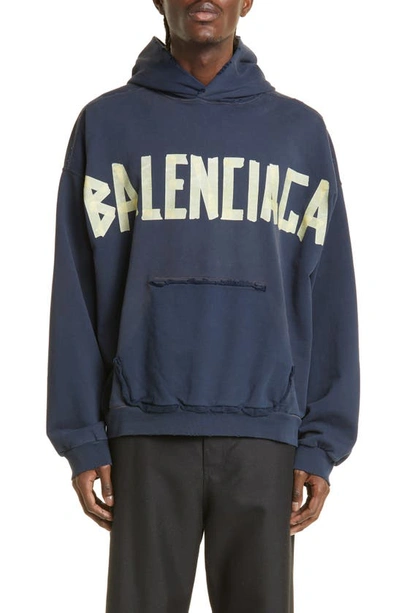 Shop Balenciaga Tape Logo Distressed Cotton Hoodie In Marine Blue