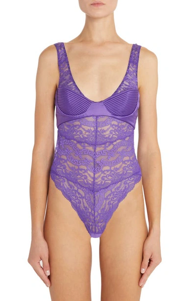 Versace Greca Lace Bustier Sleeveless Bodysuit In Bright Dark Orchid