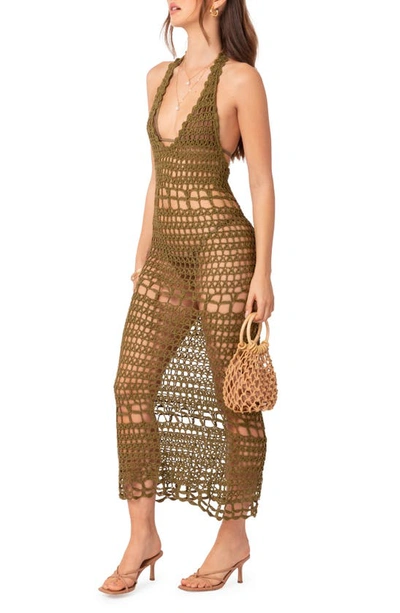 Shop Edikted Tahoe Open Back Crochet Cover-up Maxi Dress In Olive