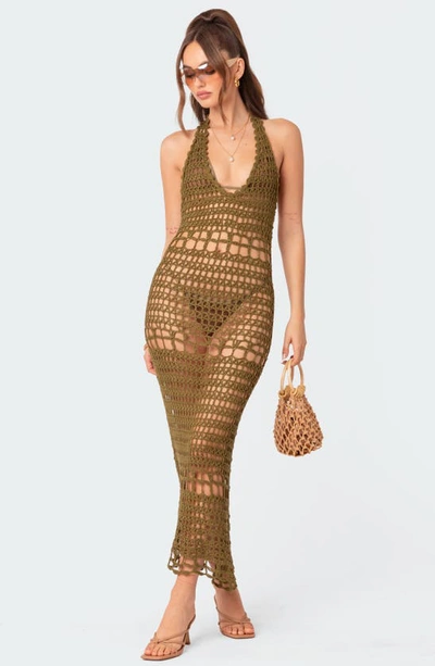 Shop Edikted Tahoe Open Back Crochet Cover-up Maxi Dress In Olive