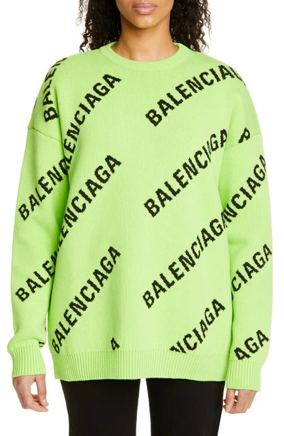 Shop Balenciaga Logo Jacquard Cotton Blend Sweater In Acid Green/ Black