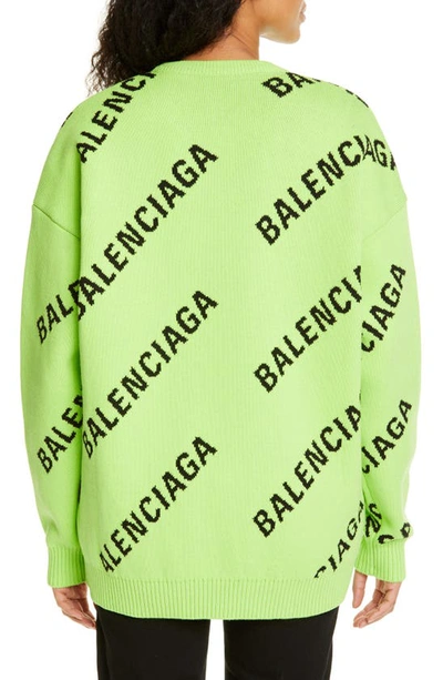 Shop Balenciaga Logo Jacquard Cotton Blend Sweater In Acid Green/ Black