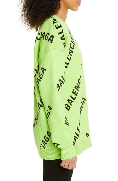 Shop Balenciaga Logo Jacquard Cotton Blend Sweater In Acid Green/ Black