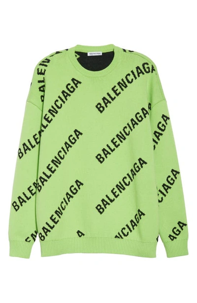 Shop Balenciaga Logo Jacquard Cotton Blend Sweater In Acid Green/ Black