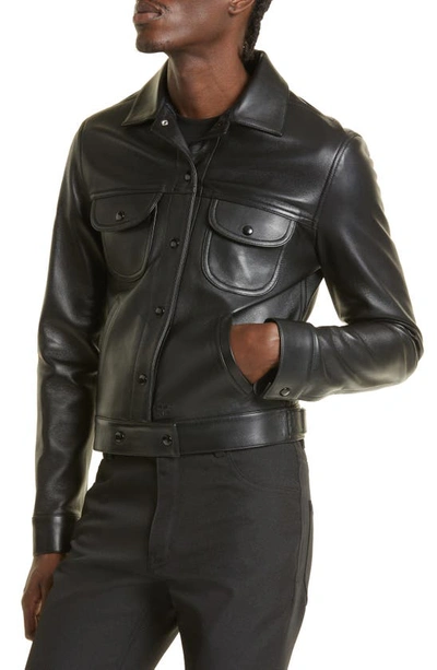 Shop Courrèges Lambskin Leather Trucker Jacket In Black