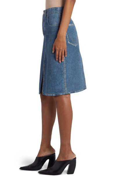 Shop Bottega Veneta Denim Print Five-pocket Leather Skirt In 4600 Medium Blue Denim