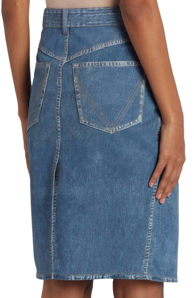 Shop Bottega Veneta Denim Print Five-pocket Leather Skirt In 4600 Medium Blue Denim