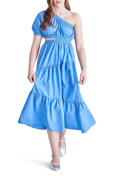 Shop Steve Madden Leena Cutout One-shoulder Cotton Midi Dress In Indigo