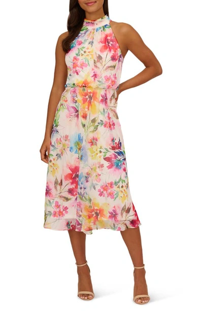 Shop Adrianna Papell Floral Mock Neck Chiffon Midi Dress In Ivory Multi