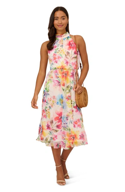 Shop Adrianna Papell Floral Mock Neck Chiffon Midi Dress In Ivory Multi