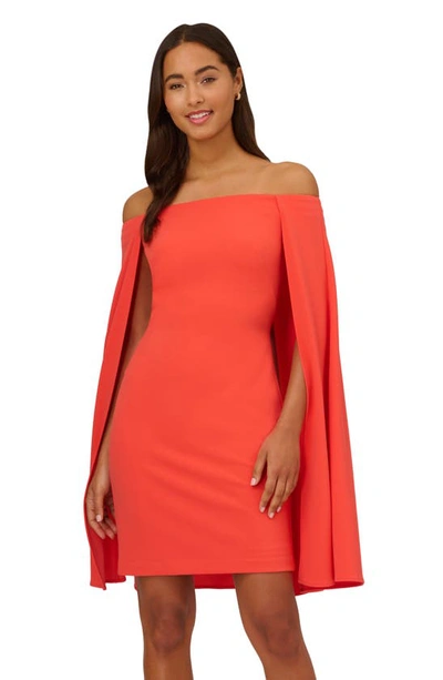 Shop Adrianna Papell Off The Shoulder Long Sleeve Capelet Cocktail Dress In Calypso Coral