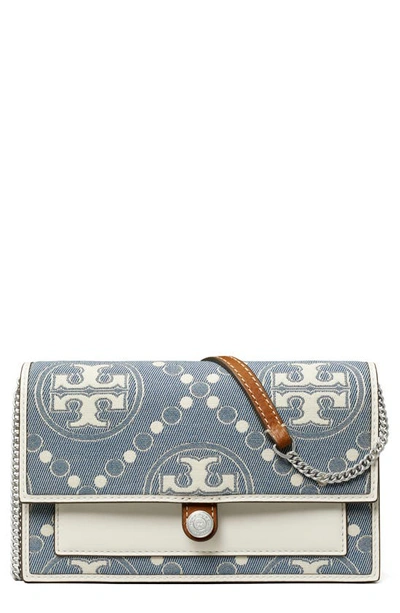 Shop Tory Burch T Monogram Denim Wallet Crossbody In Pearl Blue