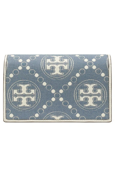 Shop Tory Burch T Monogram Denim Wallet Crossbody In Pearl Blue