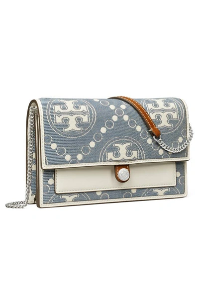 Shop Tory Burch T Monogram Denim Wallet Crossbody In Pearl Blue