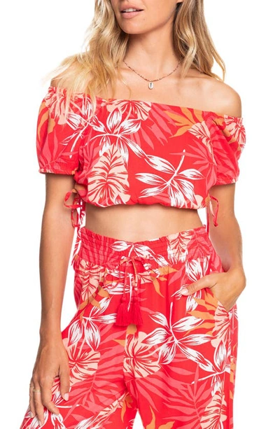 Shop Roxy Dear Amor Ruched Crop Top In Hibiscus Seaside Tropics V1
