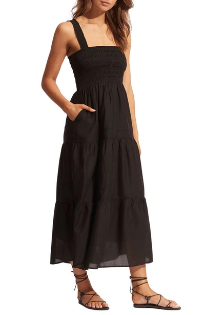 Shop Seafolly Beach House Smocked Cotton Cover-up Dress In Black